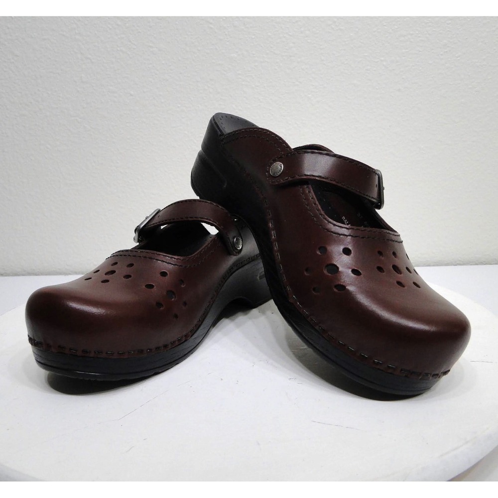 Dansko Brown Leather Mary Jane Clogs Perforated Buckle Shoes 37 266810200 US 6.5